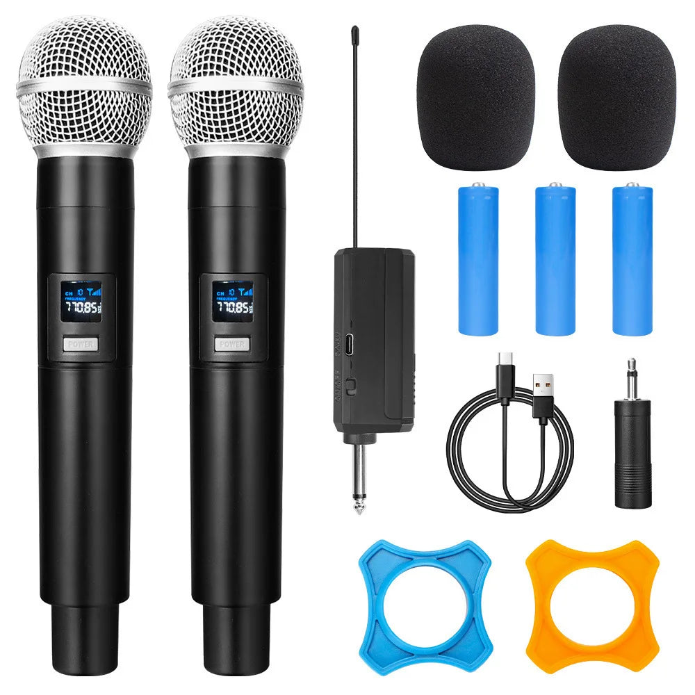 2.4G Wireless Microphone 2 Channels UHF Handheld Microphone Mic Rechargeable Microphone for Karaoke Live Wedding Party Meeting