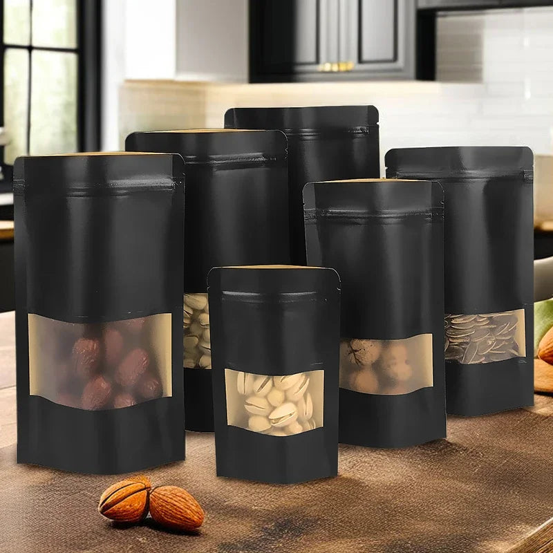 100pcs custom logo Wholesale Black Kraft Paper Stand up Pouch with Window Reusable Food Packaging Zip Lock Bag