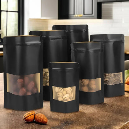 100pcs custom logo Wholesale Black Kraft Paper Stand up Pouch with Window Reusable Food Packaging Zip Lock Bag