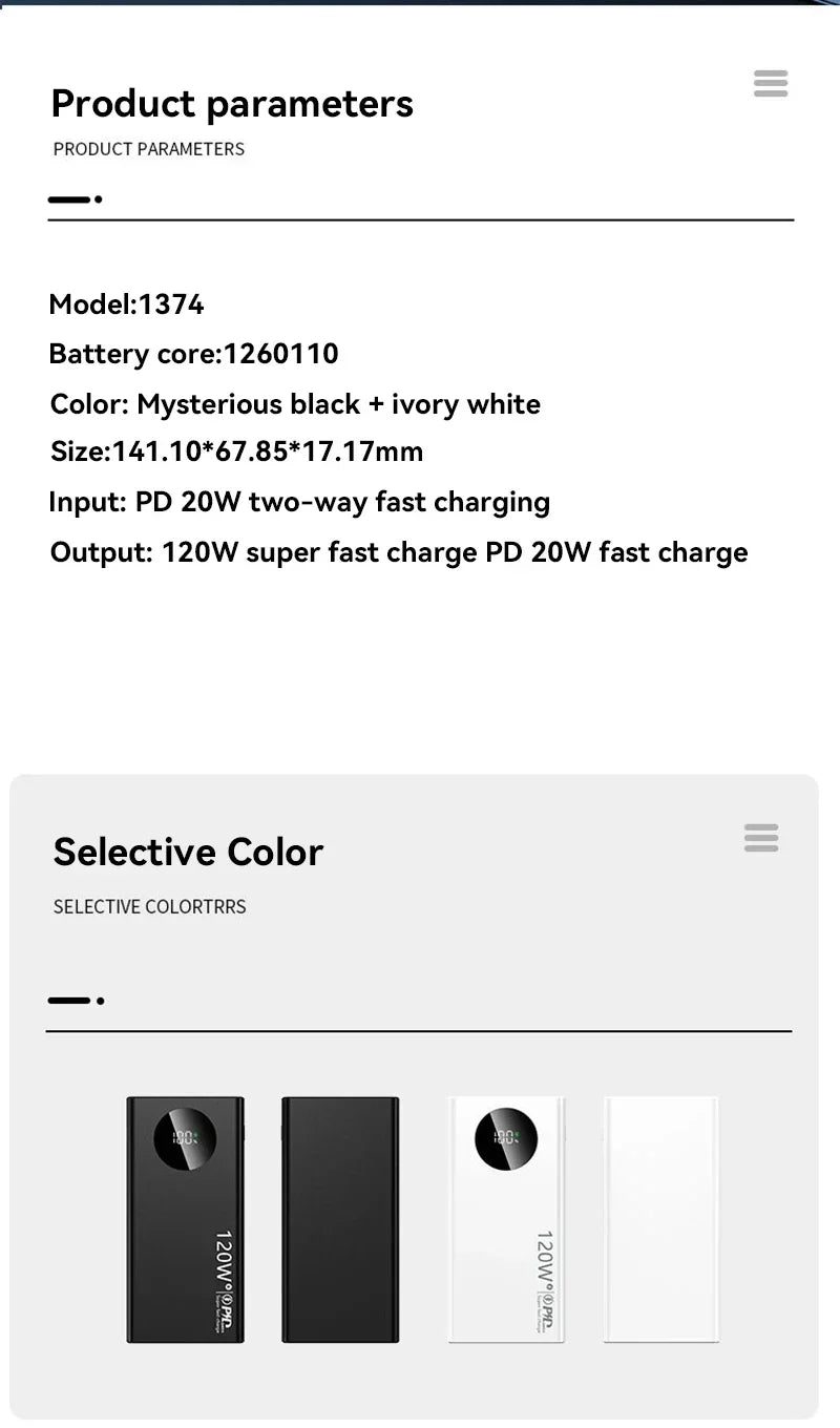 500000mAh Large Capacity Power Bank 120W Super Fast Charging With Portable Digital Display Supply For Various Phones
