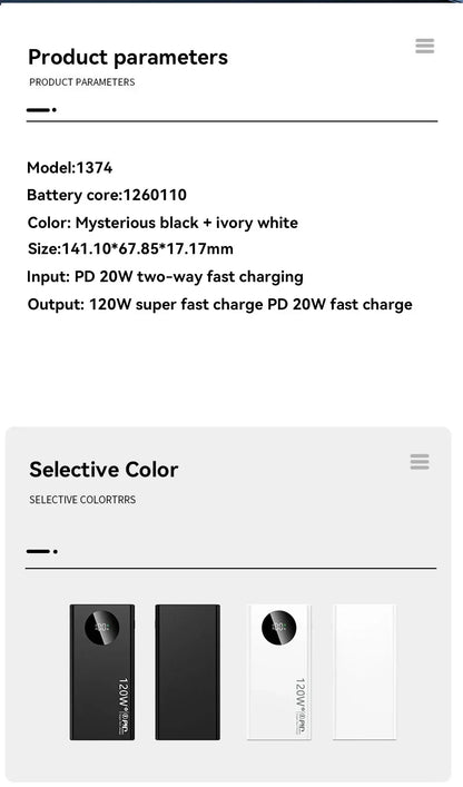 500000mAh Large Capacity Power Bank 120W Super Fast Charging With Portable Digital Display Supply For Various Phones