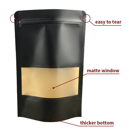 100pcs custom logo Wholesale Black Kraft Paper Stand up Pouch with Window Reusable Food Packaging Zip Lock Bag