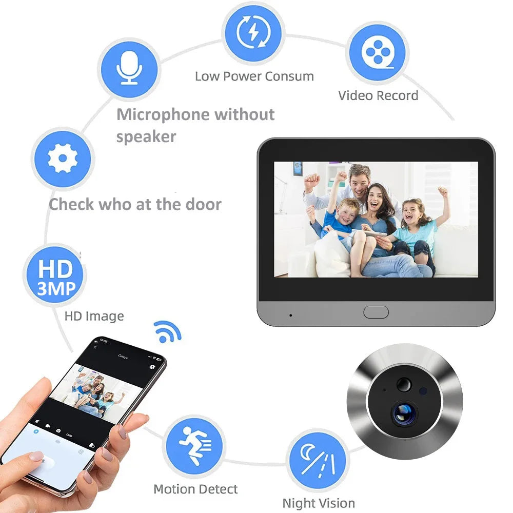 Smart 3MP Mini Digital Peephole Door Camera 2.4Ghz WiFi Infrared IR Night Vision PIR Motion Detection Digital Viewer iCam365 APP