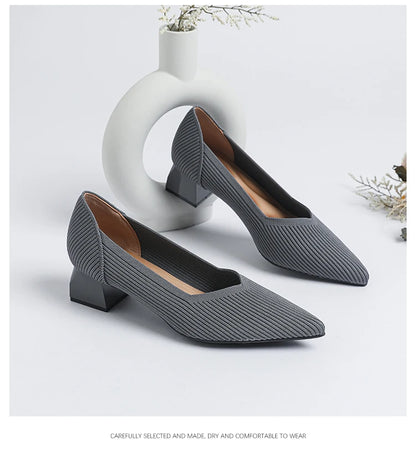 2025 New Women's High Heels Large 42/43 Fashion Pointed Anti slip Rubber Bottom Knitted Breathable Shoes