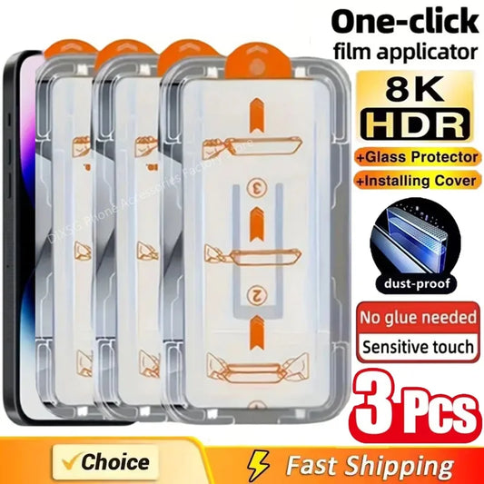 3Pcs Oleophobic Coating Dust Free Easy Installation Screen Protector For iPhone 14 11 13 12 15 16 Pro Max Mini XS X XR Glass