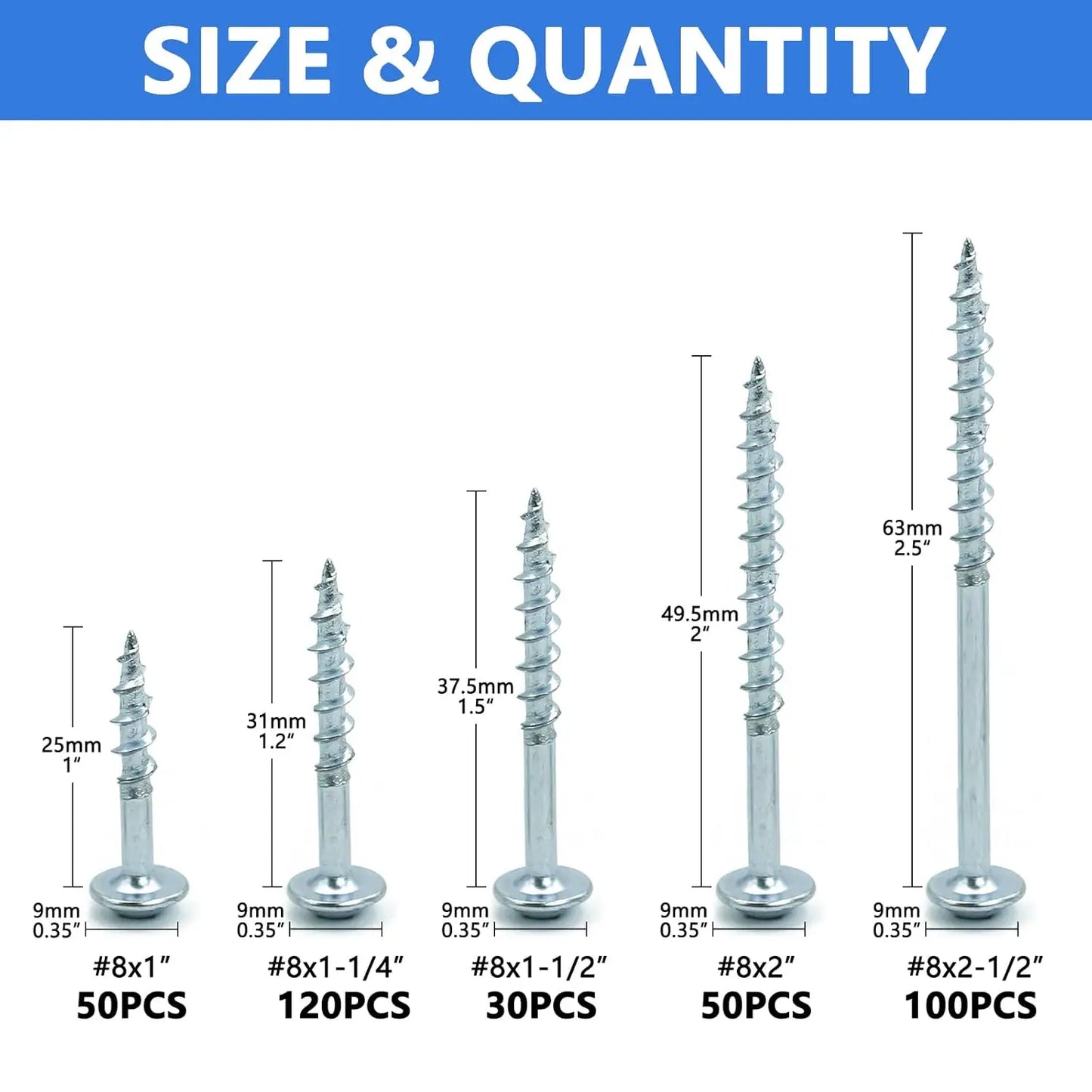 350 PCS Pocket Hole Screws Assortment Kit, 5 Sizes #8 x 1, 1-1/4", 1-1/2", 2", 2-1/2",Square Drive Self Tapping Coarse Thread Wo