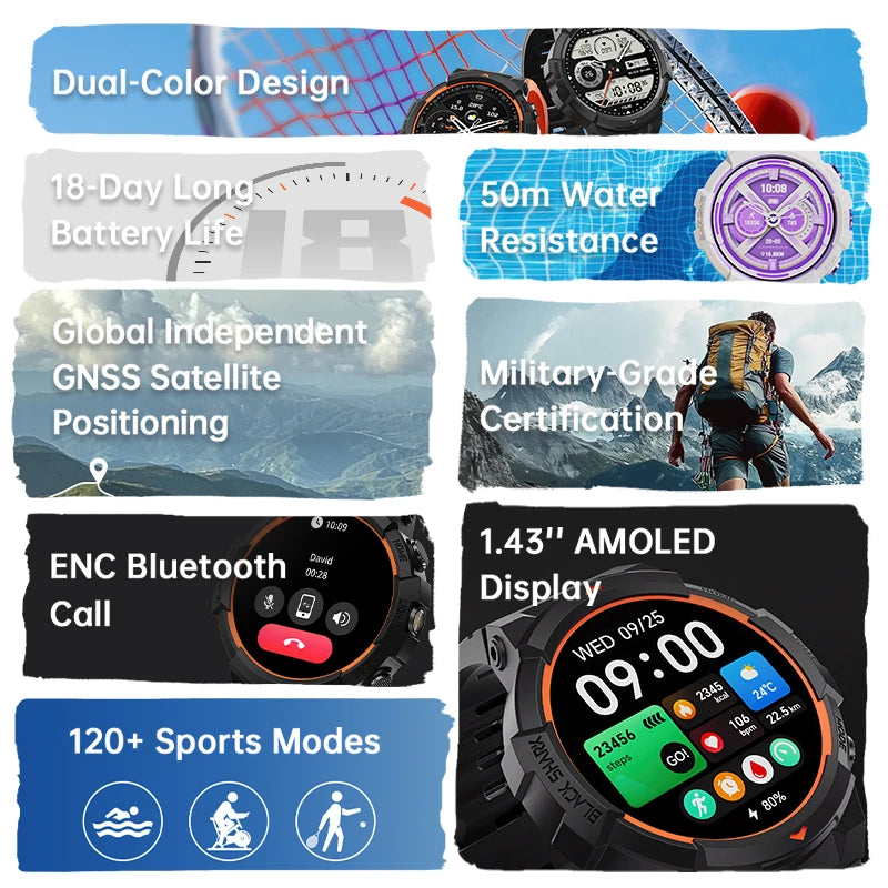 Global Version Smart Watch Black Shark Gs3 Sport 1.43'' Amoled Screen 18 Day Battery Life 5Atm Gnss