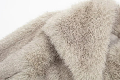 HH Women Fashion Cropped Faux Fur Jacket Coat Long Sleeve Front Snap-button Female Outerwear Chic Lapel Collar Thick Coat