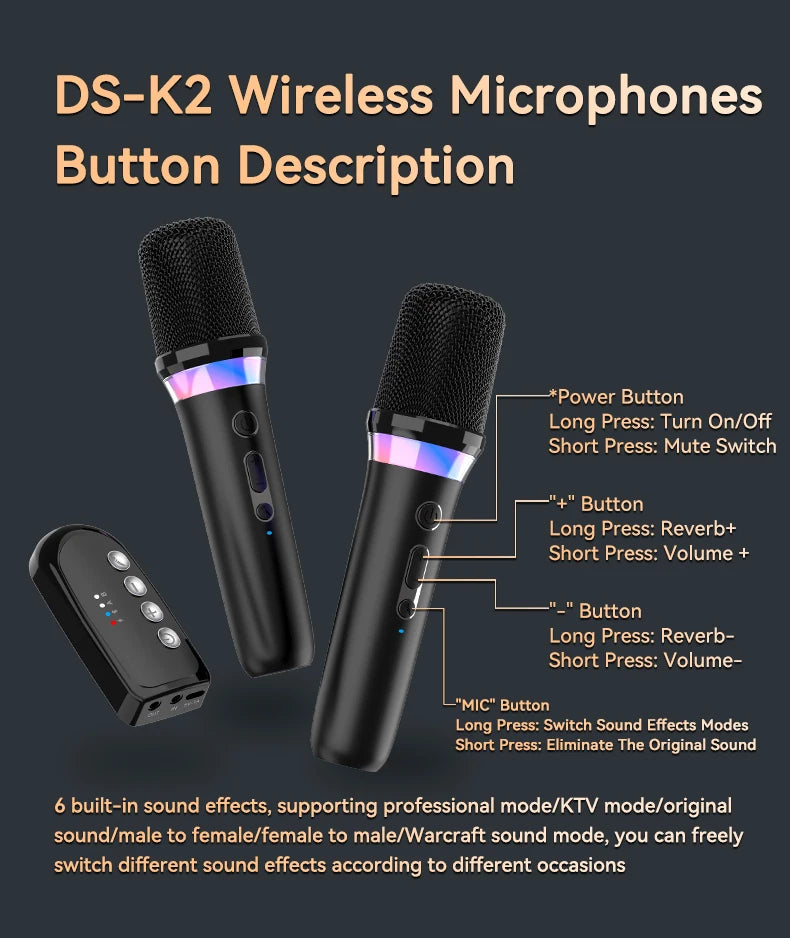 New DS-K2 Karaoke Companion Bluetooth Wireless Moving-Coil Microphone With RGB Light KTV DSP Mixer System For Wired Speaker Car