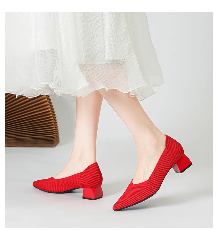2025 New Women's High Heels Large 42/43 Fashion Pointed Anti slip Rubber Bottom Knitted Breathable Shoes
