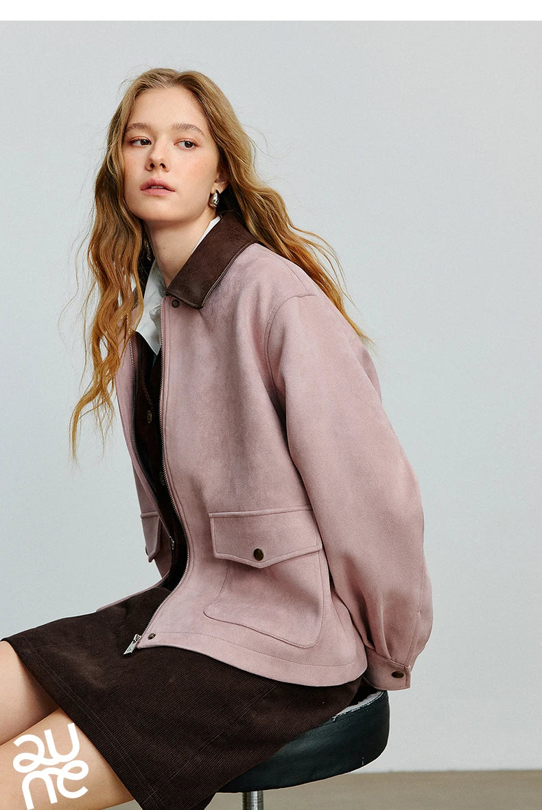 TOYOUTH Women Jacket coat 2025 Autumn New Vingtage Barn Style Suede Leather Patchwork Collar Jacket Brown