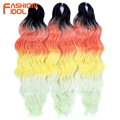 FASHION IDOL 24Inch Crochet Hair Synthetic Water Wave Braiding Hair Extensions Ombre Rainbow color Fake Hair Deep Wave Curl Hair