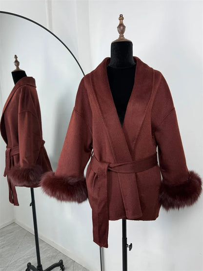 Tossy Fox Fur Wool Overcoat Women's Short Coat Office Lady Elegant Double-sided Woolen Coat 2025 New Cardigan Jackets Loose Wool