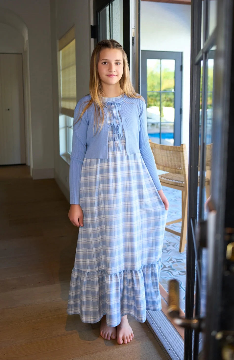 AS  SS26 summer Teen Girls Blue Knitted Cardigan + Plaid Sleeveless Maxi Dress holiday looks