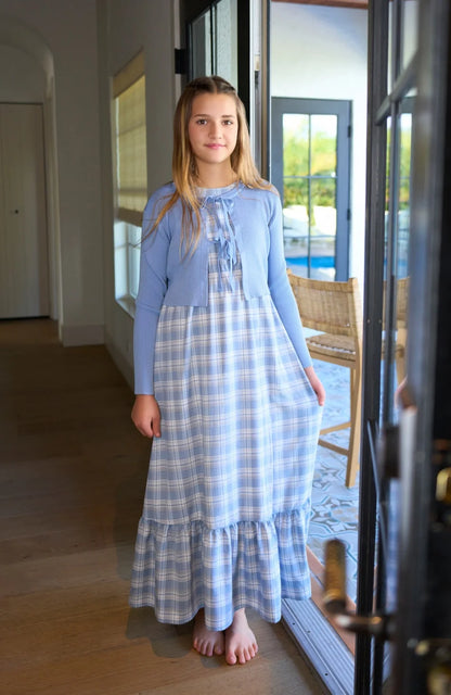 AS  SS26 summer Teen Girls Blue Knitted Cardigan + Plaid Sleeveless Maxi Dress holiday looks