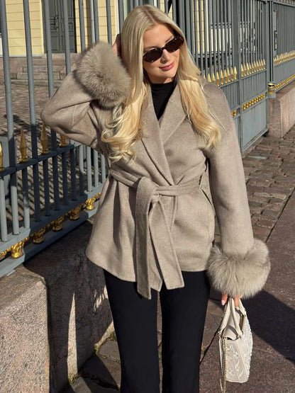 Tossy Fox Fur Wool Overcoat Women's Short Coat Office Lady Elegant Double-sided Woolen Coat 2025 New Cardigan Jackets Loose Wool