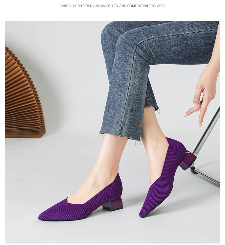 2025 New Women's High Heels Large 42/43 Fashion Pointed Anti slip Rubber Bottom Knitted Breathable Shoes