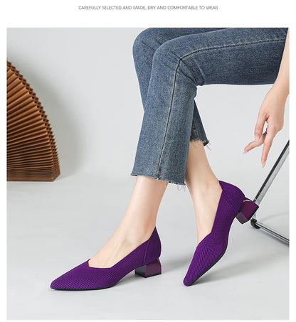 2025 New Women's High Heels Large 42/43 Fashion Pointed Anti slip Rubber Bottom Knitted Breathable Shoes