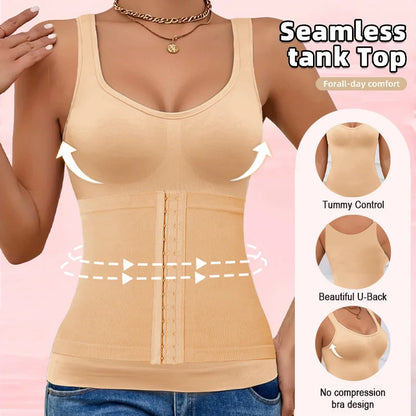 1PC Highly Elastic Women'S 3in1 Camisole Seamless Waist Trainer Removable Bra Pad Hook Adjustable Tummy Control Shaping Tank Top