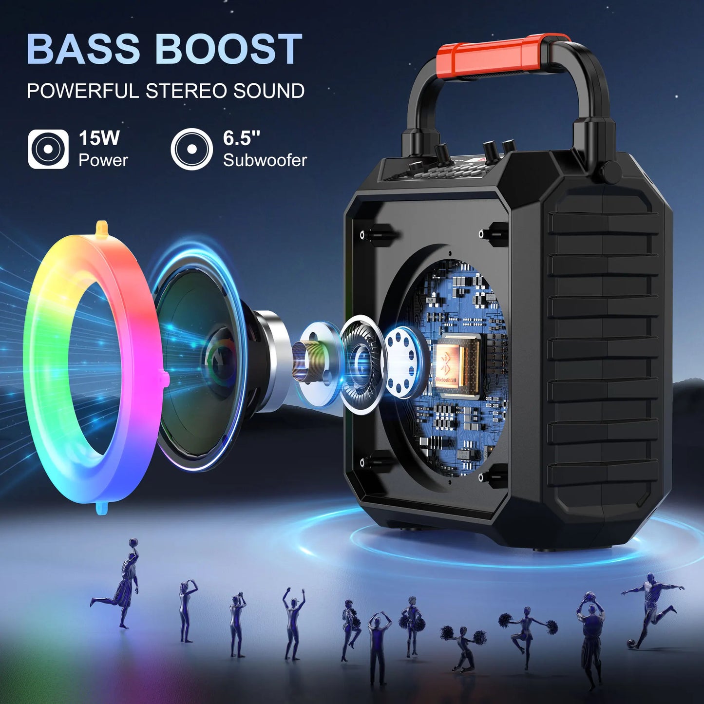 Karaoke Machine with 2 Wireless Microphones, Portable Speaker with LED Lights for Kids and Adults, Supports Bluetooth/USB/TF/AUX