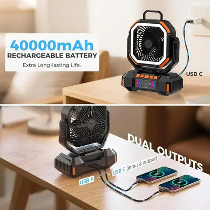 40000mAh Camping Fan Rechargeable Desktop Portable Air Circulator Wireless Ceiling Electric Fan with Power Bank LED Lighting