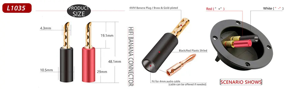 20pcs/10pairs BANANA PLUGS 24K Gold-plated 4MM Banana Connector with Screw Lock For Audio Jack Speaker Plugs Black&Red