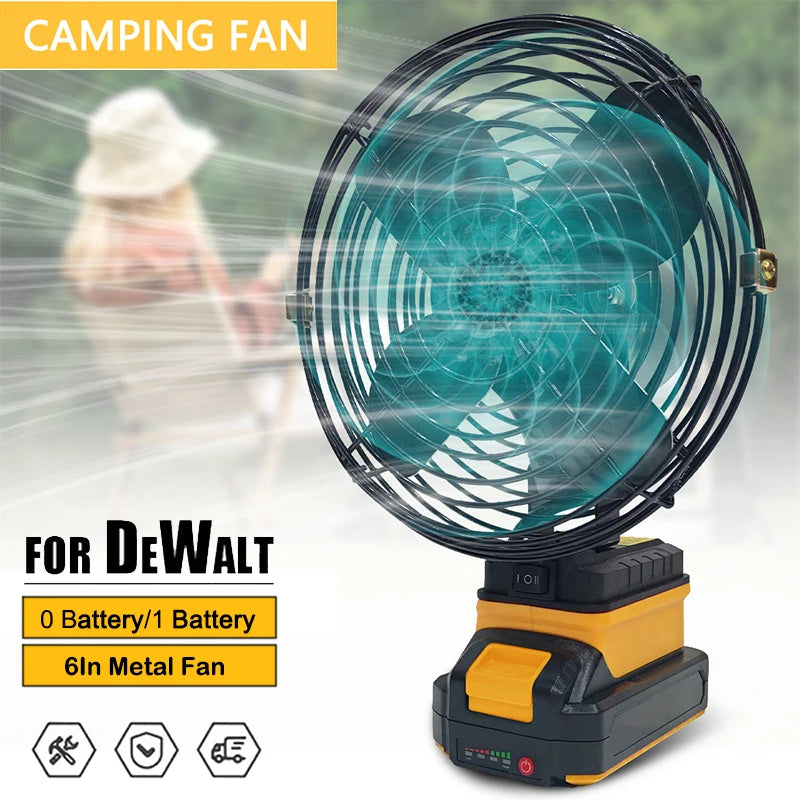 6 Inches Camping Fan 10000/20000mAh Outdoor Fishing Wireless Desktop Portable Metal Fan Strong Wind Fan FIt Dewalt 18V Battery