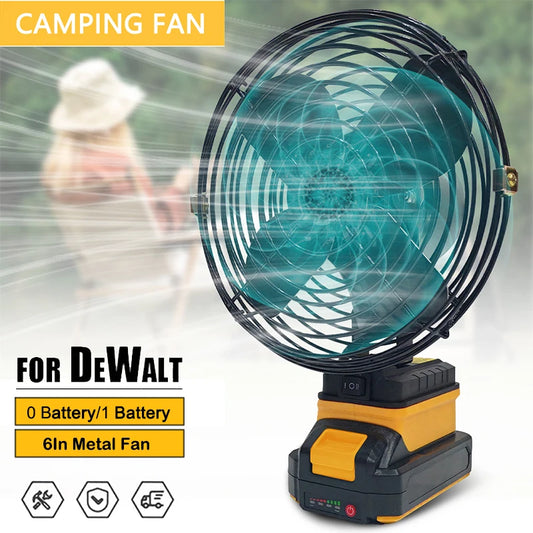 6 Inches Camping Fan 10000/20000mAh Outdoor Fishing Wireless Desktop Portable Metal Fan Strong Wind Fan FIt Dewalt 18V Battery