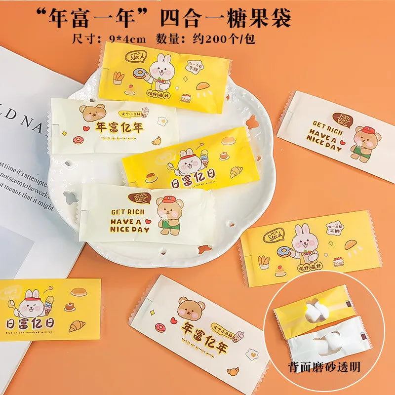 200Pcs 9x4cm Happy New Year Nougat Candy Sugar Bags Handmade DIY Gift Plastic Machine Sealed Packing