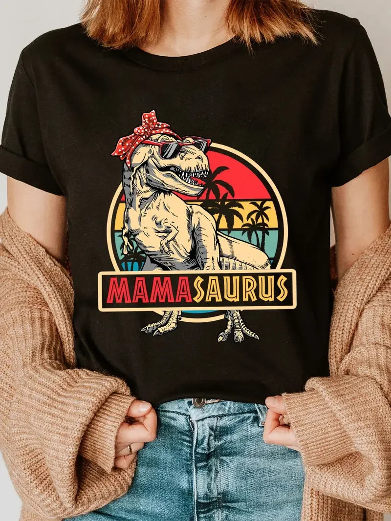 Funny MamaSaurus T-Rex Dinosaur Mom T-Shirt Retro Vintage Tee Soft Crew Neck Short Sleeve Shirt - Mother's Day Gifts for Women