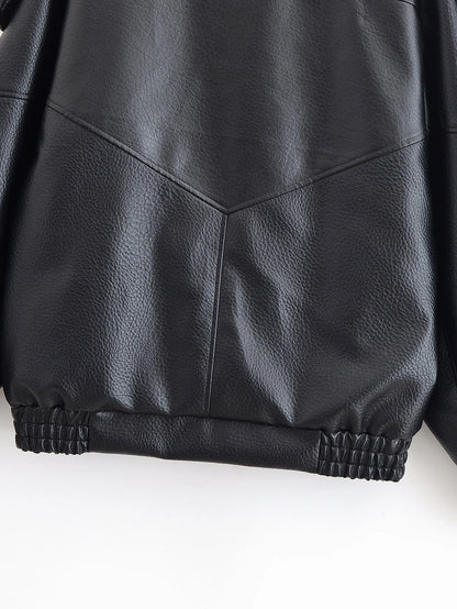 HH Autumn Faux Leather Jacket For Women Casual Solid Long Sleeve Zipper Pu Leather Coats New Fashion Female Streetwear