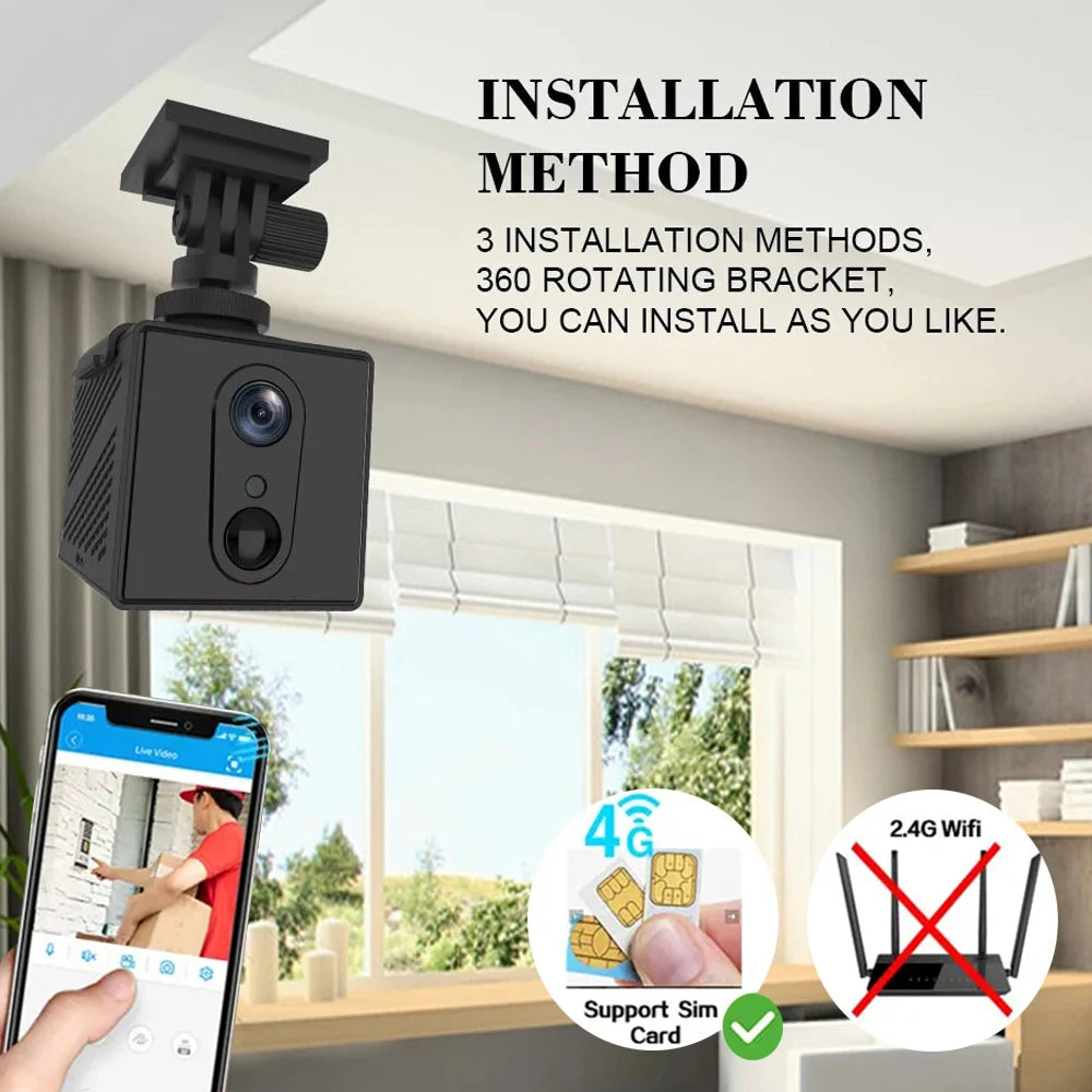 5MP 4G SIM Card Mini Camera Indoor Night Vision Surveillance Security Monitoring Rechargeable 3000 mAh Battery Powered Home Cam