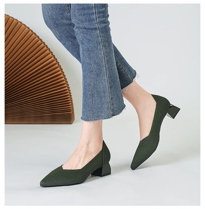 2025 New Women's High Heels Large 42/43 Fashion Pointed Anti slip Rubber Bottom Knitted Breathable Shoes
