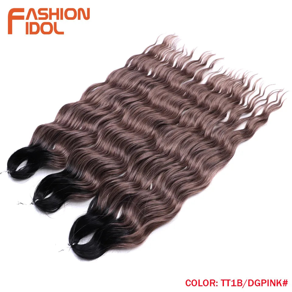 FASHION IDOL 24Inch Crochet Hair Synthetic Water Wave Braiding Hair Extensions Ombre Rainbow color Fake Hair Deep Wave Curl Hair