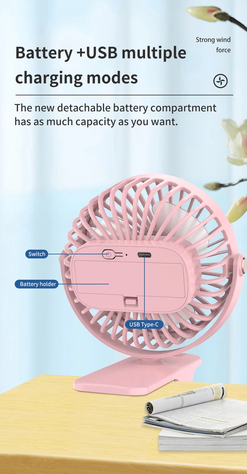 Portable USB Mini Handheld Clip Fan Convenient And Ultra-quiet Electric Fan Rechargeable Student Cute Small Cooling Ventilador