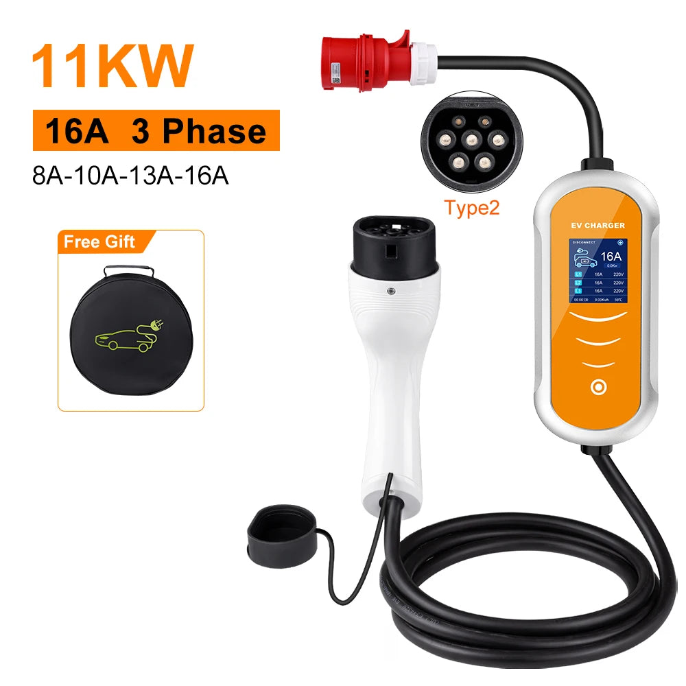 Type 2 Portable EV Charger Appointment time 11KW 16A 3 Phase EVSE Charging Box Cable CEE Plug for Electric Vehicle Car