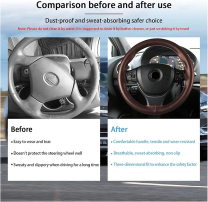 Universal Braid Steering Wheel Cover 38cm Leather Hand Sewing Steering Wheel Cover Genuine Cowhide Leather with Needles Thread