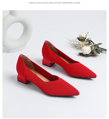 2025 New Women's High Heels Large 42/43 Fashion Pointed Anti slip Rubber Bottom Knitted Breathable Shoes