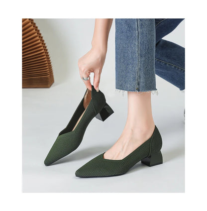 2025 New Women's High Heels Large 42/43 Fashion Pointed Anti slip Rubber Bottom Knitted Breathable Shoes