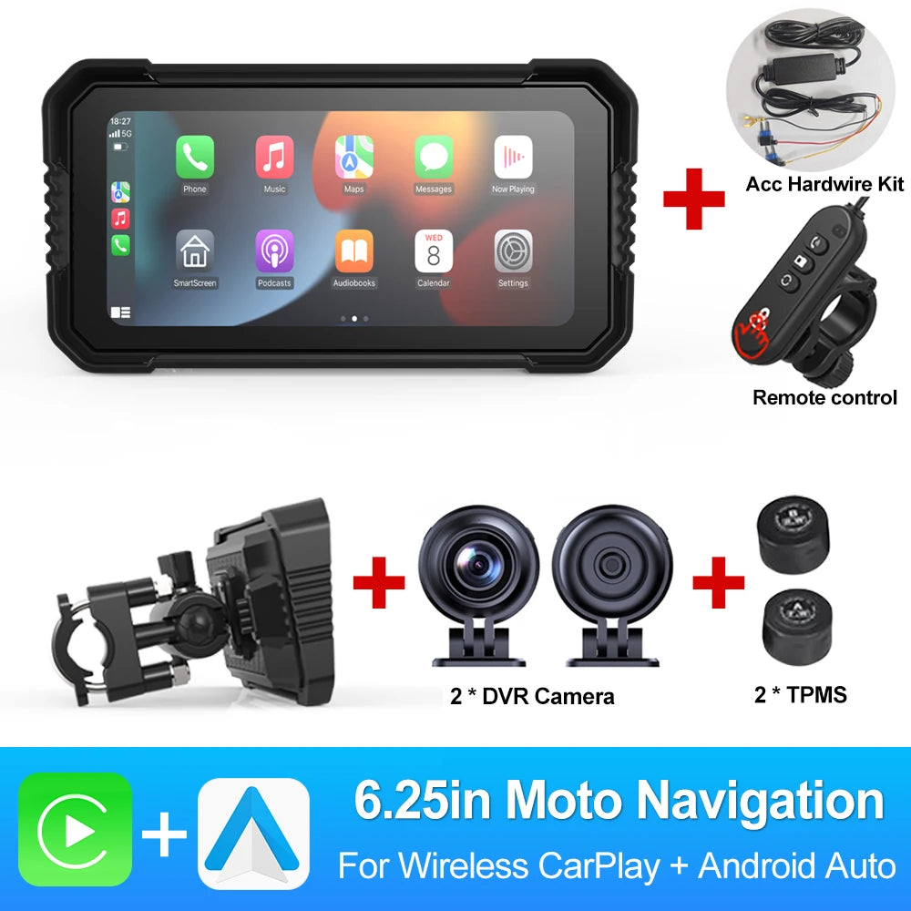 BEPOCAM 5"/6.25" Motorcycle GPS Navigation DVR Carplay Screen for Moto Dual Cameras Drive Recorder IPX7 Waterproof Moto Monitor