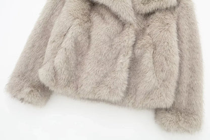 HH Women Fashion Cropped Faux Fur Jacket Coat Long Sleeve Front Snap-button Female Outerwear Chic Lapel Collar Thick Coat