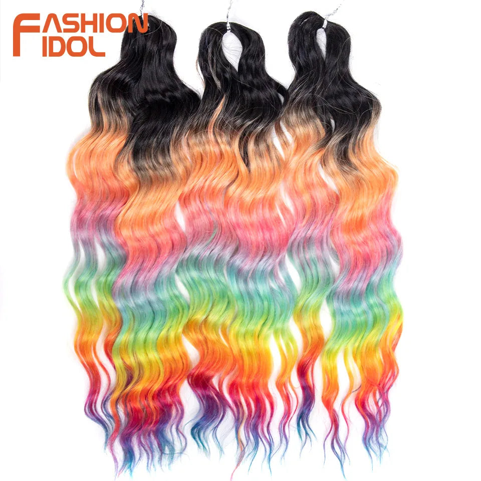 FASHION IDOL 24Inch Crochet Hair Synthetic Water Wave Braiding Hair Extensions Ombre Rainbow color Fake Hair Deep Wave Curl Hair