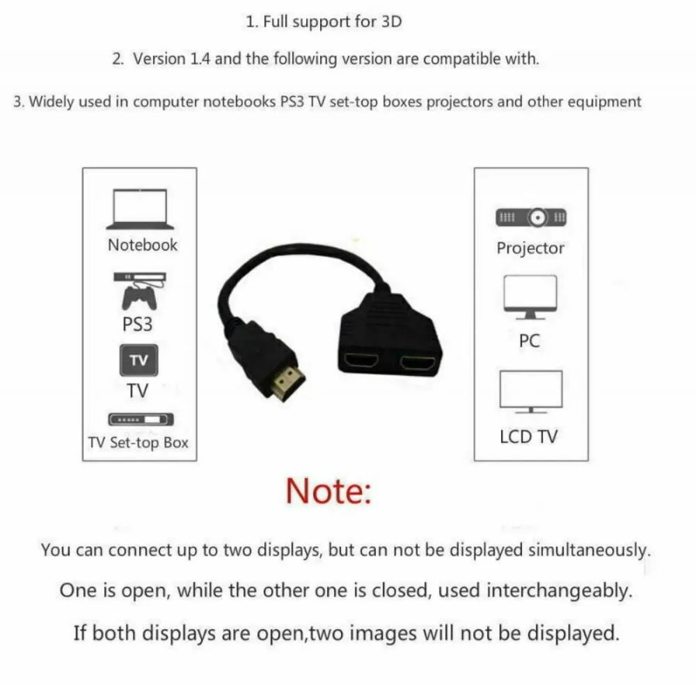 1 in 2 Splitter HD Male To 2 Female Cable 1080P HDTV Splitter Adapter Male To 2 Female Head Adapter HDTV Conversion Cable 30CM