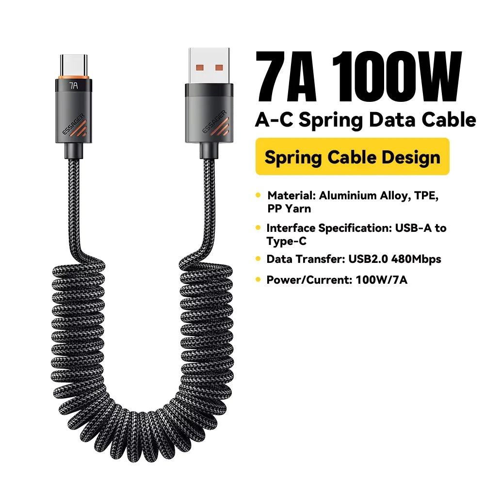 Essager Car Spring Type C Cable  For iPhone 16 15 Xiaomi Samsung 100W PD Fast Charging For Macbook iPad Type C to Type C Cable