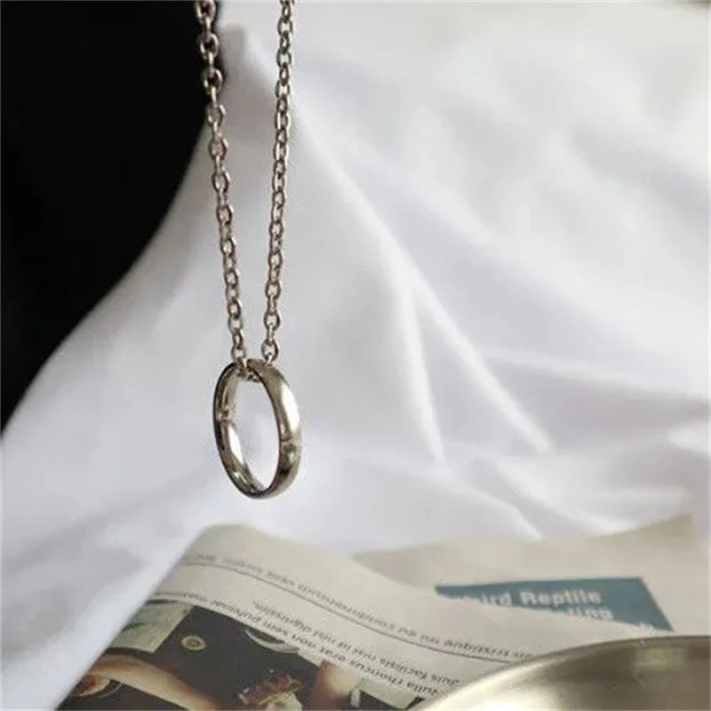 Hot Sale Fashion Ring Pendant Necklace Metal Silver Color Couple Chain Necklaces Men Women Hip Hop Jewelry Gift
