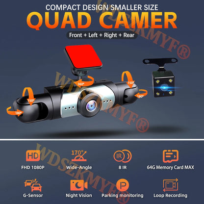 4Lens Car DVR 360 Degrees Video Recorder 1080P Dash Cam 3/4Channel Front Right left optional Rear View camera Car accessory