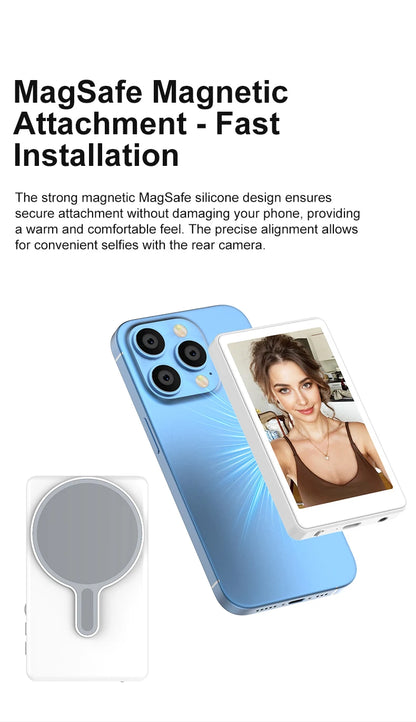 Magnetic Phone Monitor - Real-Time Selfie/Rear Cam - 4K Streaming Assistant - Wide Angle - Fits Most Phones