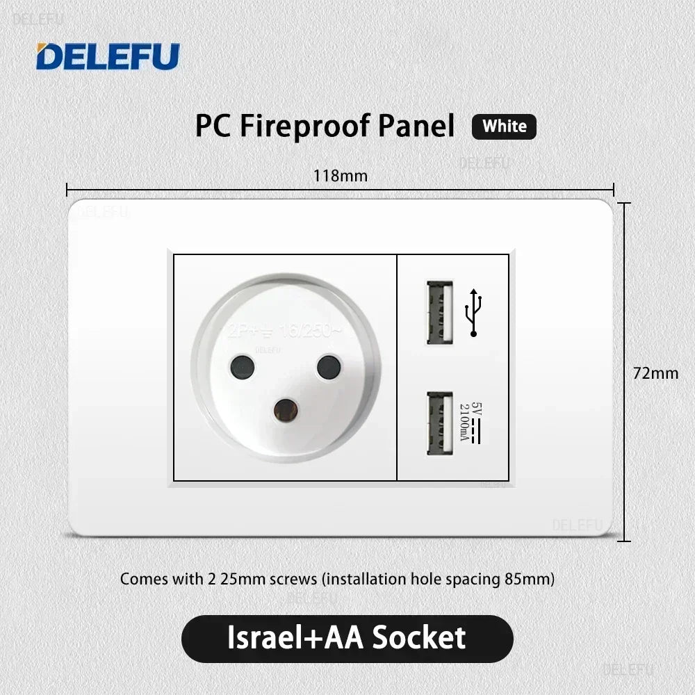 DELEFU White Retardant PC Israel USB Type C Fast Charging Wall Socket Light Tuya Wifi Smart Switch Sat TV Tel Doorbell Curtain