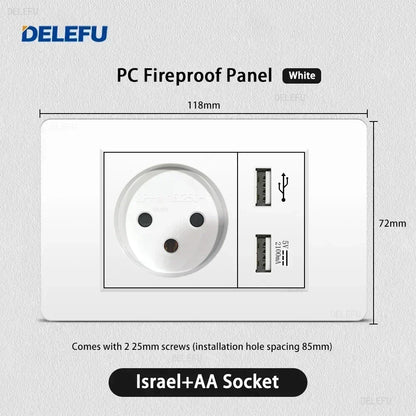 DELEFU White Retardant PC Israel USB Type C Fast Charging Wall Socket Light Tuya Wifi Smart Switch Sat TV Tel Doorbell Curtain
