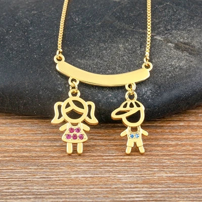 Nidin Exquisite Gold Plated Mom Daughter Necklace Girl Boy Pendant Chain Choker Cubic Zirconia Jewelry Mother's Day Gift